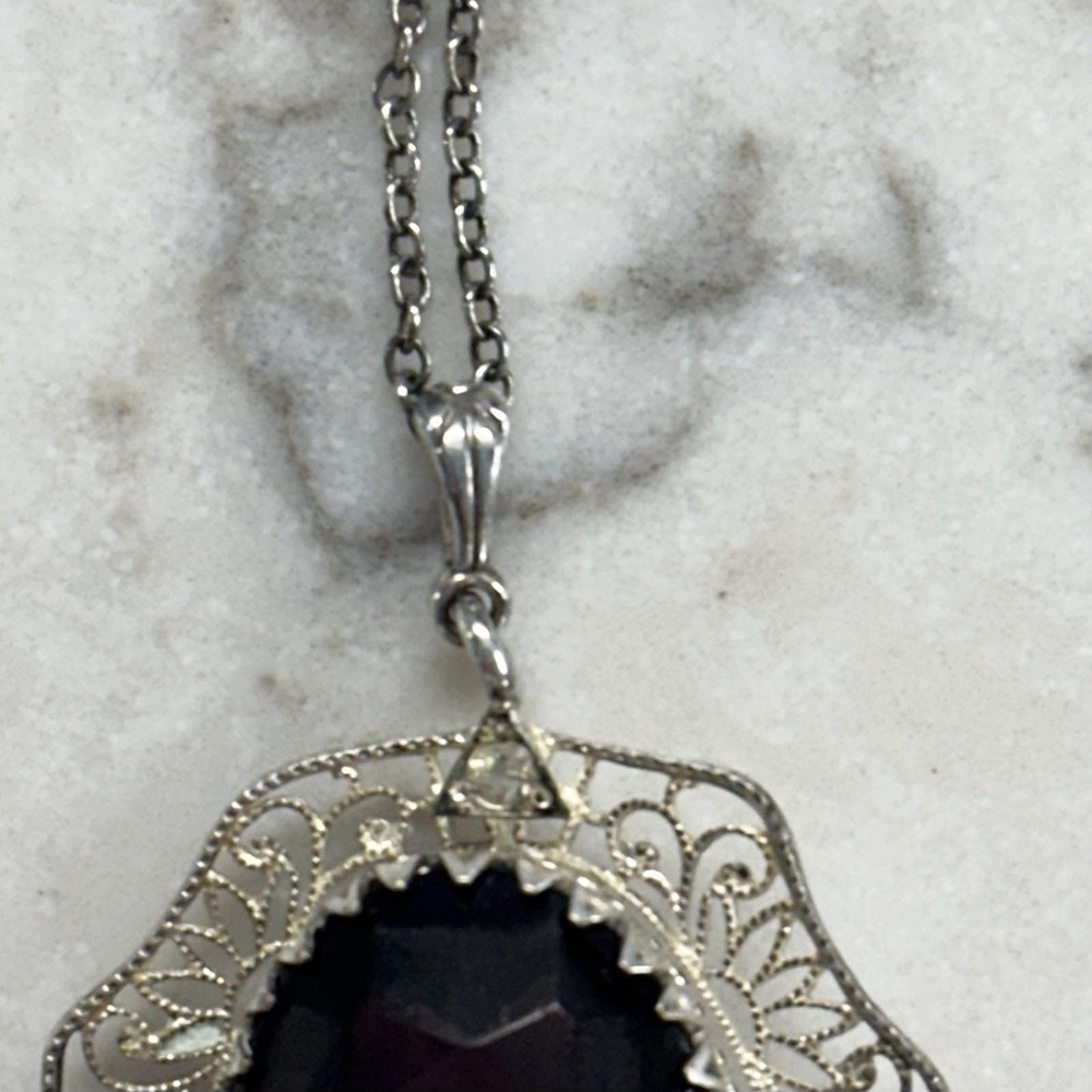 Antique Victorian Edwardian Sterling Filigre Amethyst Paste Pendant Necklace Lot - Picture 3 of 10